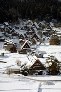 a village covered in snow with houses at Gokayama Onsen Akaokan in Nanto