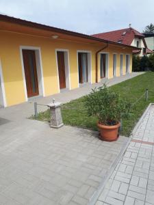 ein Gebäude mit einer Terrasse und einem Hof mit einer Pflanze in der Unterkunft Penzion Loren in Franzensbad