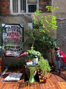 a young boy standing on a patio with plants at Wontonmeen in Hong Kong