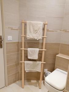 La salle de bains est pourvue d'un sèche-serviettes et de toilettes. dans l'établissement Appartement T2 Rez de villa proche bord de mer, au Pradet