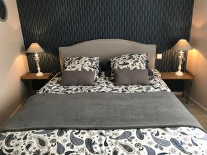 una camera da letto con un grande letto con due cuscini di Appartement Contemporain Pont Vieux a Carcassonne