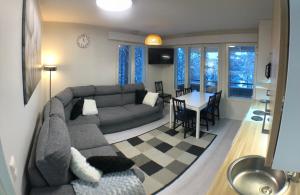 a living room with a couch and a table at FREE downhill skiing ticket 1pcs Cozy and very peaceful place in Levi in Kittilä