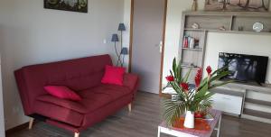 a red couch in a living room with pink pillows at VILLA MARINA Appart Hotes in Bouillante