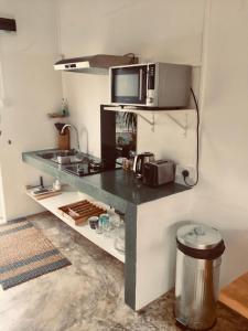 a kitchen with a counter with a microwave at Otium in Coteau Raffin