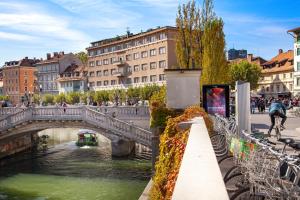 un pont sur une rivière dans une ville avec des bâtiments dans l'établissement Central and Luxurious Beethovnova Apartment, à Ljubljana