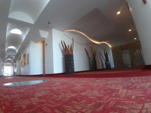 メキシコシティにあるAUTO HOTEL LEGARIAの赤いカーペットと木製の棒の壁が特徴の広い客室です。