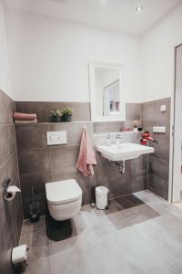 La salle de bains est pourvue de toilettes et d'un lavabo. dans l'établissement Boardinghouse Sorgenfrei, à Hagen