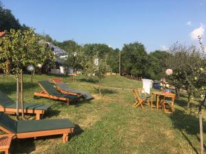 eine Gruppe von Stühlen und Tischen im Gras in der Unterkunft Grebengradska Medna Hiža in Donje Makojišće