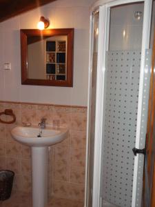 ein Bad mit einem Waschbecken, einem Spiegel und einer Dusche in der Unterkunft Hotel Rural El Rincón de Gadea in Santa Gadea