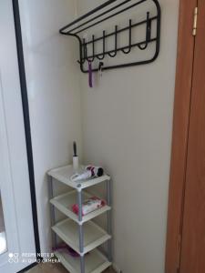 a shelf in the corner of a room with a closet at Апартаменты на Пушкина, 13 in Perm