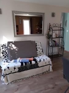 een bank in een woonkamer met een spiegel bij Brig'Gîte in LʼIsle-sur-la-Sorgue +49 foto's