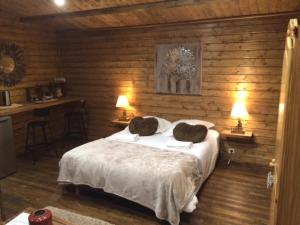 VezzaniGîtes les Chalets Vezzani Spa的一间卧室，床上有两个枕头