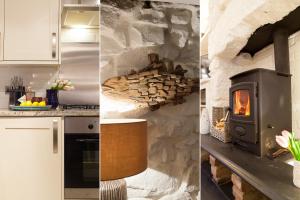 three pictures of a kitchen with a stone fireplace at Number One - Nanjivey Row in St Ives