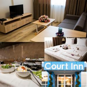 eine Collage mit Fotos eines Wohnzimmers in der Unterkunft Court Inn in Panagjurischte