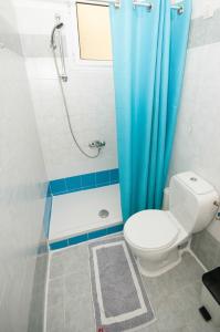 a bathroom with a toilet and a blue shower curtain at Cecil Hotel in Athens