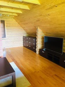 un soggiorno con TV a schermo piatto e soffitti in legno di Brīvdienu māja Odumiņi a Leimaņi