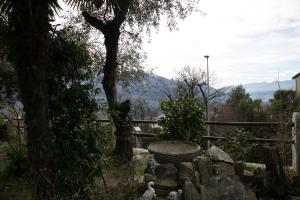 um jardim com um banco de pedra e uma árvore em Casa Alma Grotto em Brione sopra Minusio