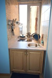 a small kitchen with a sink and a window at Apartments Provence in Chernivtsi