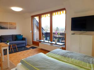 ein Wohnzimmer mit einem Sofa und einem großen Fenster in der Unterkunft Wohlfühl-Apartment Bad Kissingen IV in Bad Kissingen