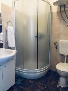 a bathroom with a shower and a toilet and a sink at Hotel Malta in Mostar