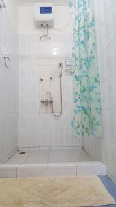 Wli Water Heights Hotel في Wli Afegame: حمام مع دش مع ستارة دش زرقاء