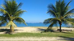 two palm trees on a beach with the ocean at Suíte 101- Espaço Praia Aptos in Angra dos Reis