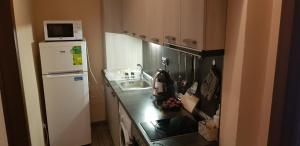 a small kitchen with a sink and a refrigerator at Ivet Apartment in Varna City