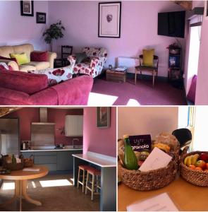 two pictures of a living room with purple walls at Lady Charlotte's Loft in Schull