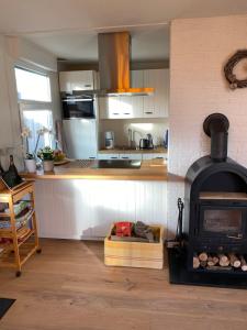 a kitchen with a stove in the middle of a room at Welcome in - Vakantiewoning met ruime tuin en open haard I Horizon 3 Renesse in Renesse