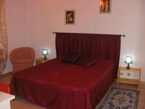 1 dormitorio con 1 cama con manta roja y silla en Etruria Life, en Sutri