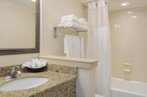 a bathroom with a shower curtain and a sink at Shutters on the Banks in Kill Devil Hills