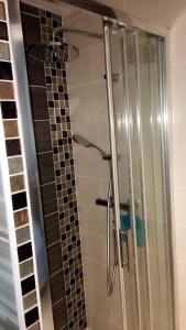 a shower with a glass door in a bathroom at Hotel Les Arcades in Rouen