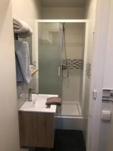 
a bathroom with a shower, sink, and toilet at Hotel Bernieres in Caen

