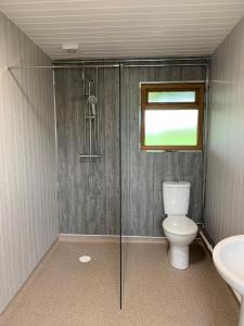 a bathroom with a shower and a toilet and a sink at Glamping at Holly Grove Farm in Stoke on Trent