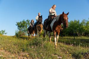 Wildcatter Ranch and Resort في Graham: مجموعة من الناس يركبون الخيول في الميدان