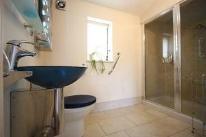 La salle de bains est pourvue d'un lavabo, de toilettes et d'une douche. dans l'établissement Wilson Cottage Dartmoor, à Tavistock