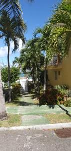 a house with palm trees next to a street at Appartement idéal famille, vue sur mer. in Le Moule