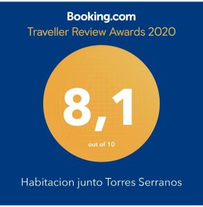 Certifikát, hodnocení, plakát nebo jiný dokument vystavený v ubytování Habitacion junto Torres Serranos