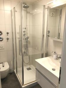 La salle de bains est pourvue d'une douche, d'un lavabo et de toilettes. dans l'établissement Zollernalb-Apartment G6, à Albstadt