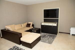 a living room with a couch and a flat screen tv at Family Hotel Edia-Sandanski in Sandanski