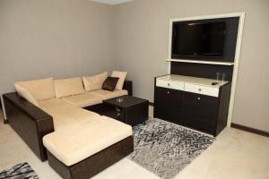 a living room with a couch and a flat screen tv at Family Hotel Edia-Sandanski in Sandanski