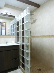 baño con lavabo y ducha con estanterías de cristal en casa CAZORLA C DEL VALLE, en Cazorla