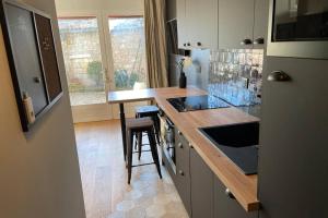 a kitchen with a counter with a sink and a counter sidx sidx sidx at Le clos du Mesnil, Logement totalement indépendant in Le Tourne