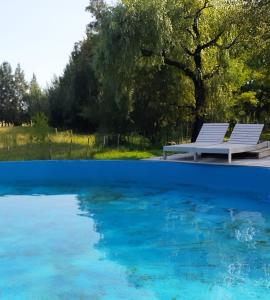 チャスコムスにあるLa Rosadita Casa de Campoの水のプールの横に座るベンチ