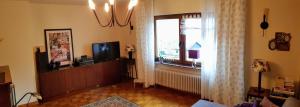 a living room with a television and a window at Ferienwohnung Rheinzeit beim Toni mit Terrasse und Balkon mit Rheinblick in Boppard