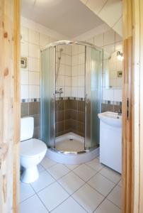 a bathroom with a shower and a toilet and a sink at Kompleks Wypoczynkowy Bryza II in Lubiatowo
