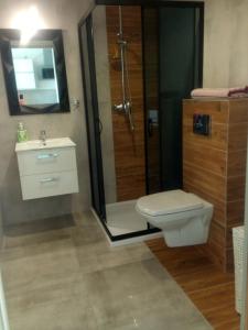Un baño con ducha, inodoro y lavabo. en Apartament Kapitana przy plazy typu studio, en Darłówko 8 fotos más