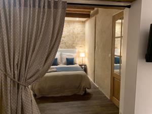 a bedroom with a bed and a curtain at Le Petit Hameau de Chantilly - Studio Chic et Charme au Coeur de Chantilly - Classé 3 étoiles in Chantilly