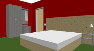 1 dormitorio con cama blanca y paredes rojas en Gasthaus Schillebold, en Peitz