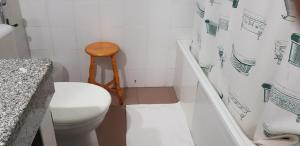 a bathroom with a toilet and a shower and a stool at Casas do Toural in Gouveia